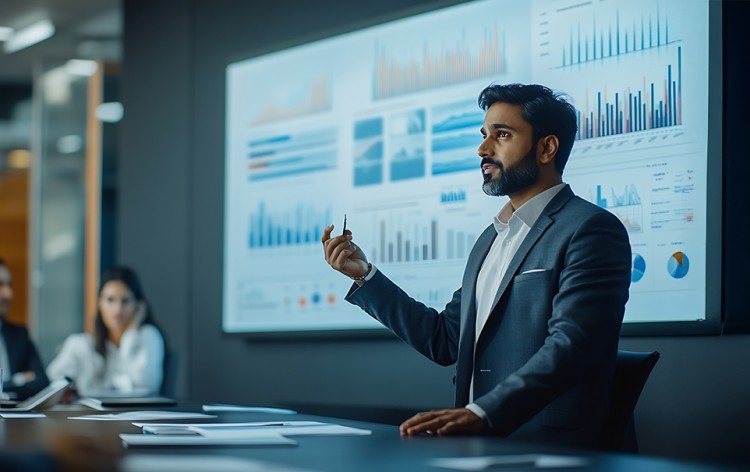 Modern South Asian Business Office Meeting Confident Indian Manager Uses Interactive Display Makes Report to a Group of Corporate Partners Shows Statistics Growth and Financial Analytiics